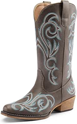 DREAM PAIRS Women's Cowboy Boots Mid Calf Cowgirl Boots Square Toe Chunky Heel Embroidery Stitched Western Boots