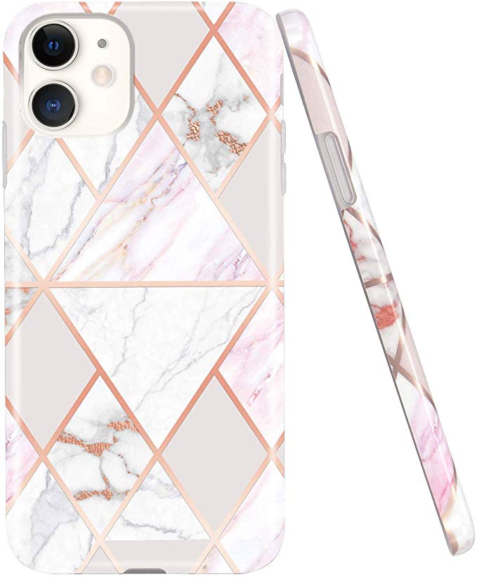 JAHOLAN iPhone 11 Case Shiny Rose Gold Geometric Marble Design Clear Bumper TPU Soft Rubber Silicone Cover Phone Case for iPhone 11 6.1 inch 2019 - White Pink