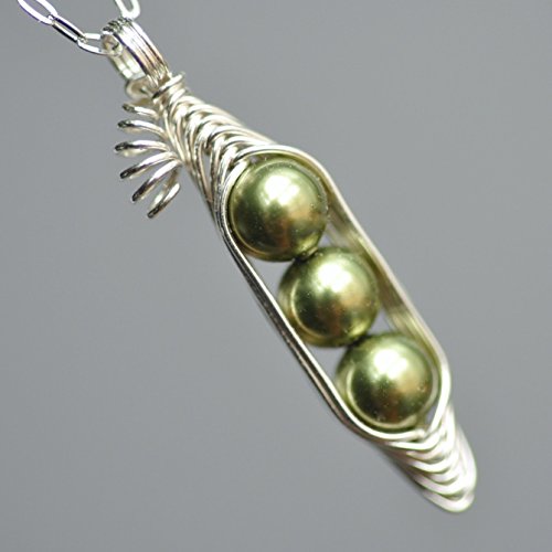 Three 3 Peas in a pod necklace, green Swarovski pearl peapod pendant, sterling silver - Mu-Yin Jewelry original design