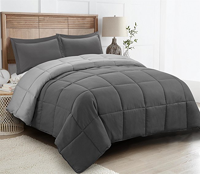 3pc Down Alternative Comforter Set -All Season Reversible Comforter with Two Shams - Quilted Duvet Insert with Corner Tabs -Box Stitched –Hypoallergenic, Soft, Fluffy (Full/Queen, Dark Gray/LightGray)