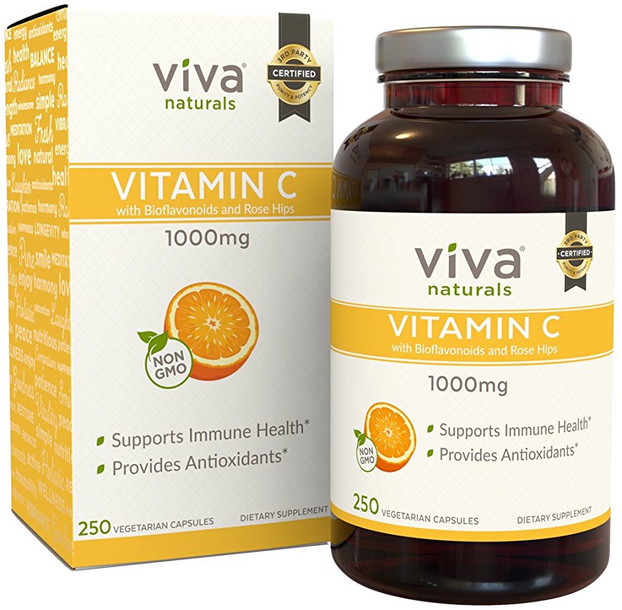 Viva Naturals Premium Non-GMO Vitamin C with Bioflavonoids and Rose Hips, 1000 milligrams, 250 Veg Caps