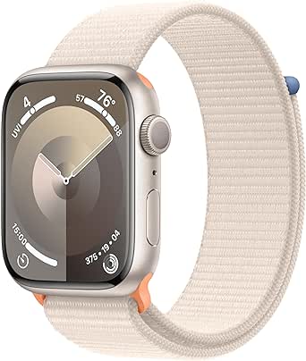 Apple Watch Series 9 [GPS 45mm] Smartwatch with Starlight Aluminum Case with Starlight Sport Loop One Size. Fitness Tracker, ECG Apps, Always-On Retina Display, Carbon Neutral