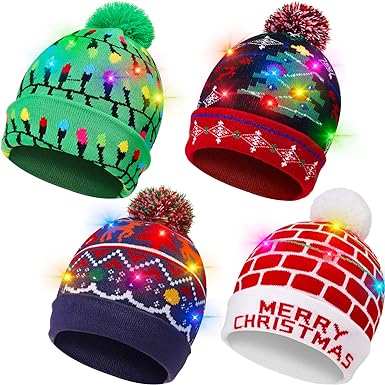 SATINIOR 4 Pieces Lights Christmas Hat LED Beanie Knit Cap Colorful Light Up Christmas Hat Novelty LED Snow Hat Winter