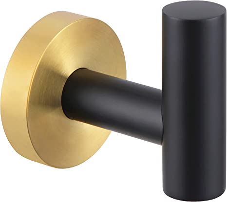 APLusee Robe Towel Hook Matte Black and Gold, 304 Stainless Steel Single Prong Coat Hook Bathroom Kitchen Garage Home Storage Round Utility Hanger