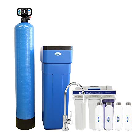 Tier1 48,000 Grain Capacity Water Softener   5-Stage Reverse Osmosis Drinking Water Filter System and 4 Glass Water Bottles