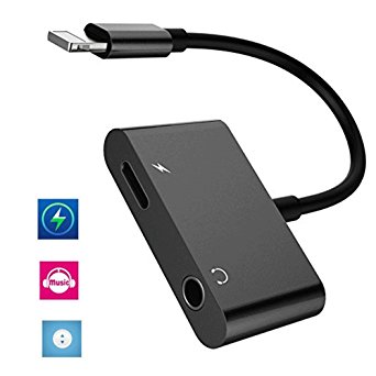 Lightning Adapter, Lightning Splitter Adapter & 3.5mm Headphone Jack, 2 in 1 Lightning Headphone Audio & Charge Adapter for iPhone 7 / 7 Plus, Support Non-Apple Original Headset (Full-Black)