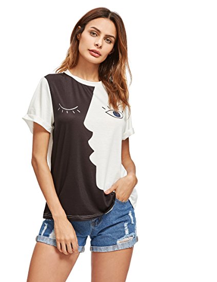 Romwe Women's Cute Short Sleeve Printed Tops Casual T Shirt