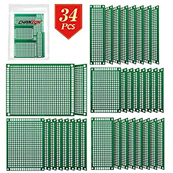 Chanzon 34 Pcs Double Sided PCB Board Tinned Through Holes (5 Sizes 2X8 3X7 4X6 5X7 7x9) Prototype Kit FR4 Printed Universal Circuit Perfboard for DIY Soldering Project Compatible with Arduino Kits
