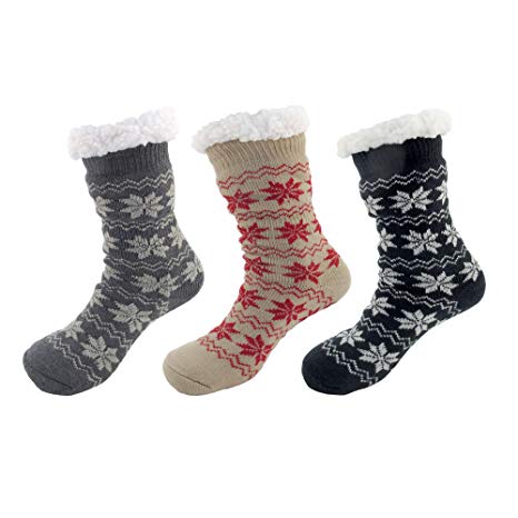 BambooMN Extra Thick Cozy Fuzzy Thermal Cabin Plush Fleece-lined Knitted Crew Socks