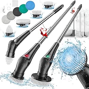 Veken Electric Spin Scrubber, Shower Scrubber with Long Handle and 9 Replaceable Brush Heads, IPX8 Waterproof Bathroom Scrubber with 2 Speeds, Electric Cleaning Brush for Tub, Sink, Glass, Tile