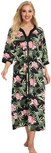 Bloggerlove House Dresses for Womens Robe Long Zip Up House Coat Half Sleeve Night Gowns Comfy Sleepwear Print Loungewear