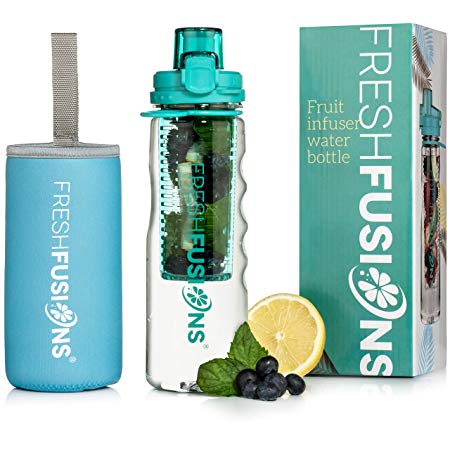 Fresh Fusions Fruit Infuser Water Bottle 25 oz - with Insulated Sleeve   Healthy Recipe Ebook - Includes 25 Infused Water Recipes