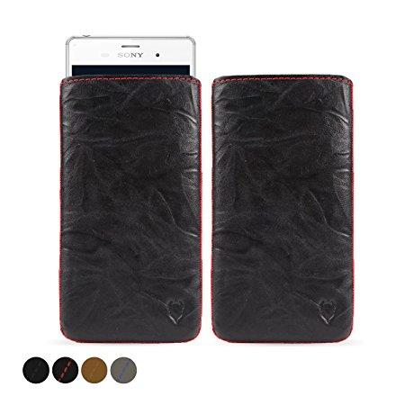 MediaDevil Sony Xperia Z3 Leather Case (Black with Red stitching) - Artisanpouch Genuine European Leather Pouch Case with Pull-Tab