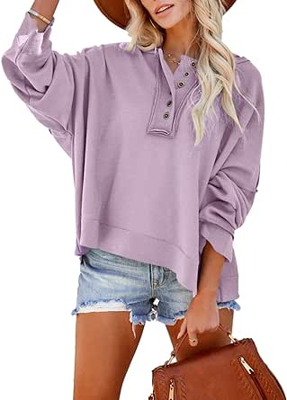 Dokotoo Women's V Neck Button Down Long Sleeve Crop Hoodies Loose Pullover Hooded Sweatshirts Tops