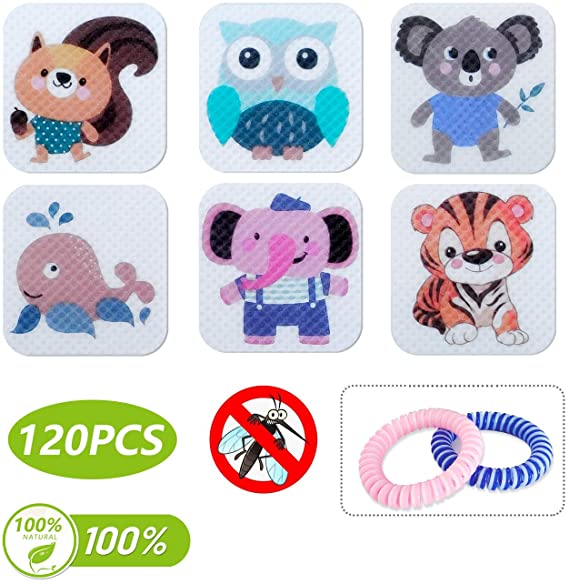 120 Pcs Patch, Resealable Stickers with 2 Bracelet- for Family Kids, Adults & Pets, 100% Natural Materials, DEET-Free, Non Toxic, Waterproof Safe Travel Sticker