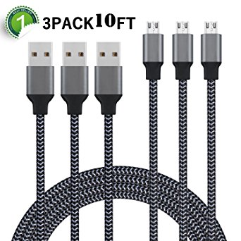 Micro USB Cable, Xcords 3Pack 10ft Extra Long USB to Micro USB Android Charger Cord, PS4 Cable High Speed Xbox One Charging Cables for Android Smartphones, Tablets, MP3, XBOX, PS4 and More (Black)