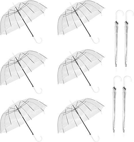 WASING 10 Pack 46 Inch Clear Bubble Umbrella Large Canopy Transparent Stick Umbrellas Auto Open Windproof with White European J Hook Handle Outdoor Wedding Style Umbrella for Adult