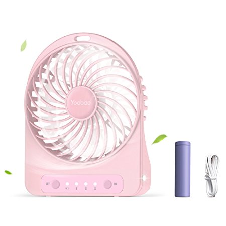 Mini USB Desktop Fan Yoobao Rechargeable Table Desk Fan Cooling Portable Fan Small with 3 Speed Wind, 3300mah Battery, LED Light, Low Noise, Battery Operated and USB Powered for Home, Office, Outdoor Activities-Pink