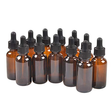 12 Pack,2oz 2 oz,Amber Glass Bottle Bottles with Black cap and Glass Droppers.Using for Essential Oils,Lab Chemicals,Colognes,Perfumes & Other Liquids.FREE 12 Chalk Labels