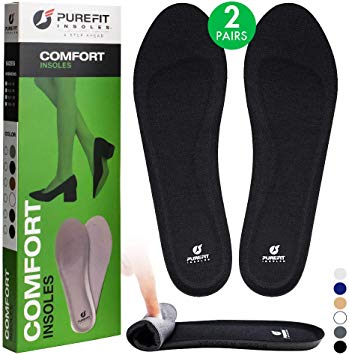 PureFit Shoe Insoles for Women, 2 Pairs Comfortable, Slim Soft Cushion Rebound PU Foam Shoe Inserts, Antibacterial Boot, Flat Sneaker Arch Support Insole, Relieve Foot Pain Fatigue (Black, L)