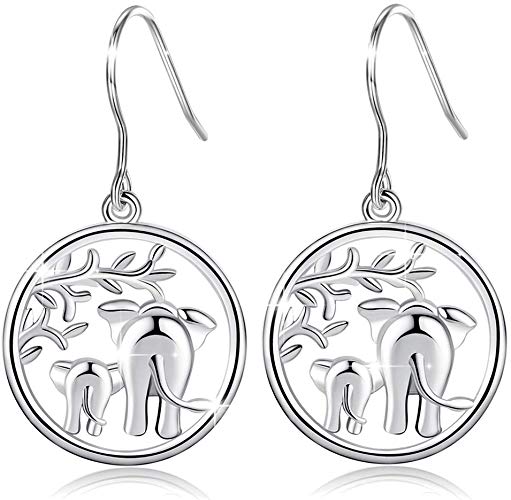 Elephant Earrings, AEONSLOVE 925 Sterling Silver Lucky Elephants"Family Love" Drop Dangle Earrings for Women, Romantic Birthday Gift for Her