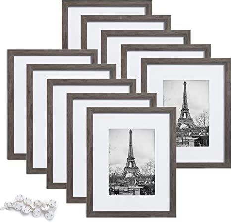 upsimples 8x10 Picture Frame Set of 10,Display Pictures 5x7 with Mat or 8x10 Without Mat,Multi Photo Frames Collage for Wall or Tabletop Display,Metallic Gray