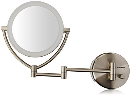 Ovente LED Lighted Wall Mount Makeup Mirror, 1x/10x Magnification, 7.5 Inch, Nickel Brushed