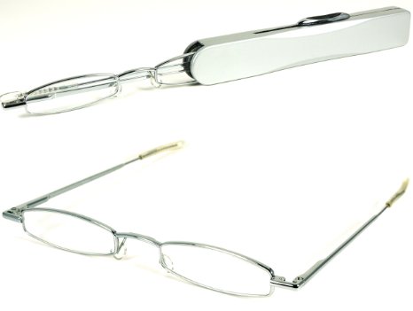 I-Mag Mini Slim Metal Spring Hinge Reading Glasses with Slide Open Hard Case (Silver, 3.00)