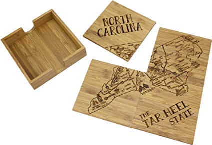 Totally Bamboo North Carolina State Puzzle 4 Piece Bamboo Coaster Set with Case