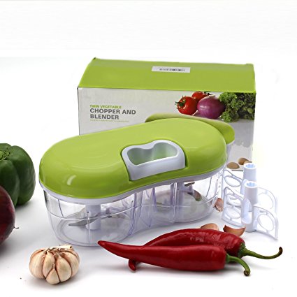 Manual Food Chopper: Compact & Powerful Hand Held Vegetable Chopper / Mincer / Blender to Chop Fruits, Vegetables, Nuts, Herbs, Onions, Garlics for Salsa, Salad, Pesto, Coleslaw, Puree (twin cup)