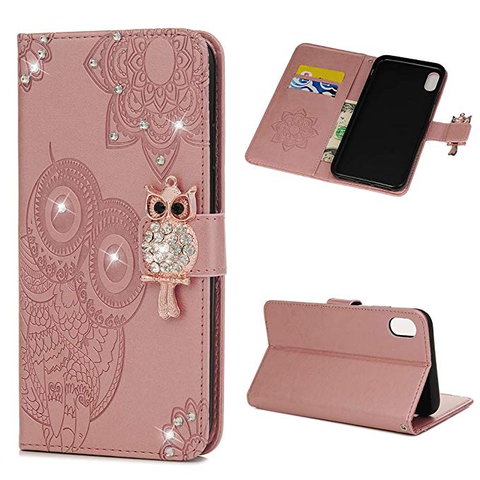 iPhone XR Case 6.1 inch, Wallet Flip Folio Case Kickstand Card Slots Wrist String Embossed Cute Owl Diamond PU Leather Wallet Shockproof Soft TPU Rubber Bumper Slim Phone Cover for iPhone XR