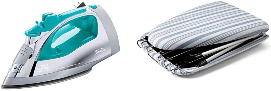 Sunbeam Steammaster Steam Iron | 1400 Watt Large Stainless Steel Iron with Steam Control and Retractable Cord, Chrome/Teal & Honey-Can-Do Foldable Tabletop Ironing Board with Iron Rest