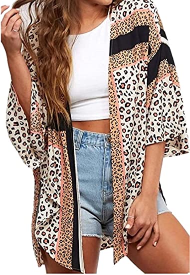 Women's Floral Print Puff Sleeve Kimono Cardigan Loose Cover Up Casual Blouse Tops