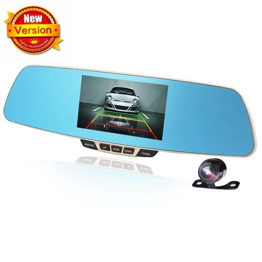 Car Rear View Camera, Dual-lens Car Camera Mirror, Dash Cam Full HD 1080P 170°Wide Angle Large Rear View Mirror with 5.0 Inch Display Screen