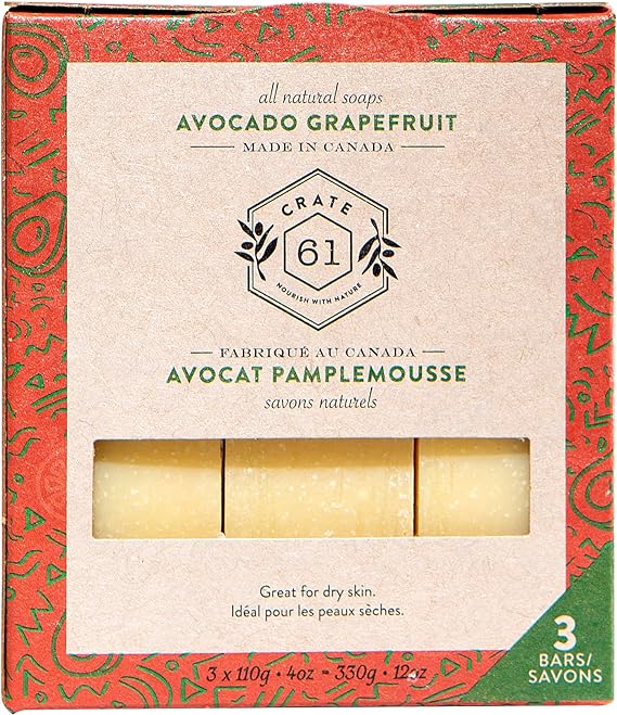 CRATE 61 ORGANICS Vegan Natural Bar Soap, Handmade Soap With Premium Essential Oils, Cold Pressed Face And Body For Men Women 3 Pack, (4 oz, Bars) (Avocado Grapefruit)