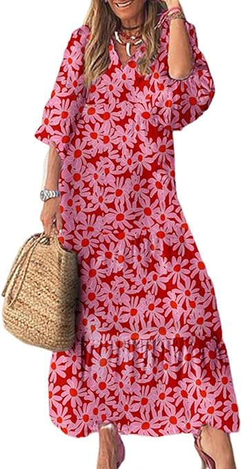 Dokotoo Women Boho Maxi Dresses 2023 V Neck Long Puff Sleeve Smocked Ruffle Flowy Casual Dress