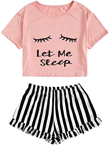 WDIRARA Women's Sleepwear Closed Eyes Print Tee and Shorts Pajama Set