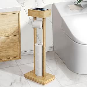 4-in-1 Toilet Paper Holder Stand with Top Storage Shelf, Free Standing Toilet Tissue Roll Dispenser Holds 4 Reserve Rolls for Bathroom Organizer, Bamboo Original