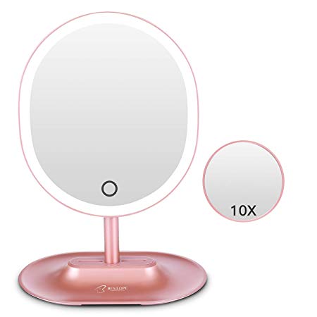 BESTOPE LED Makeup Mirror with 1X/10X Magnification, Natural Lighted Vanity Mirror Touch Screen, USB&Battery Power Supply, Oval Shaped Dimmable Countertop Cosmetic Makeup Mirror (Rose Gold)