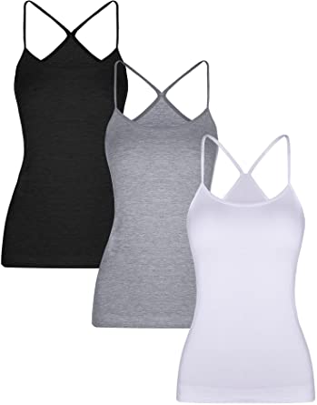 Boao 3 Pieces Women Camisoles Seamless Basic Stretch Cami with Y-back Spaghetti Strap Tank Tops, 3 Colors