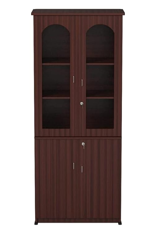 Two Door Multimedia Unit Engineered Wood Matte Book Shelf Book Cabinet With Glass Doors, Maroon, Set of 1