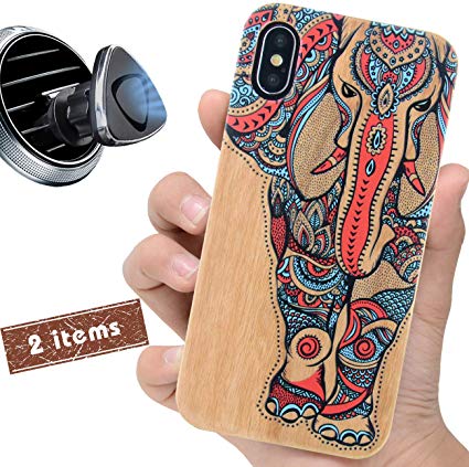 iProductsUS Wood Phone Case Compatible with iPhone XR and Magnetic Mount, Color Elephant Printed in USA, Compatible Wireless Charger,Built-in Metal Plate,TPU Protective Cover (6.1")