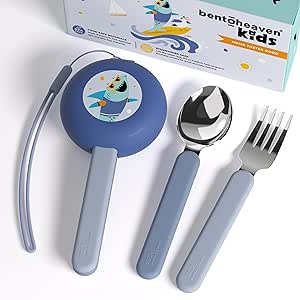 Bentoheaven Kids Travel Utensils with Case, Food-Grade Stainless Steel & BPA-Free Plastic, Travel Kid Cutlery Set, Dishwasher Safe Fork, Spoon & Case, Reusable Flatware, Silverware for Kids (Shark)