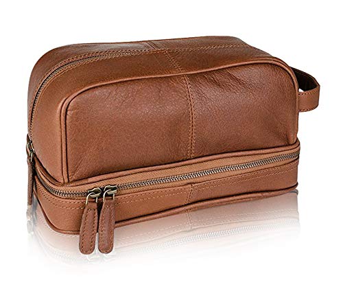 Classic Top Grain Leather Toiletry Bag and Dopp Kit - Men's Travel and Shave Kit with LokSak Waterproof Bag (Brown)