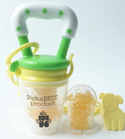 New Baby Food Feeder Soother Teether For Eating Fresh Fruit Veggies Meat Choke Free From PickaBEST Product Storage Container Large And Medium Silicone Nipple Pacifier Clip Green And Yellow