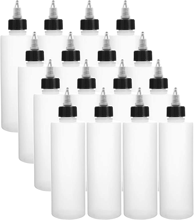 Bekith 16 Pack 8oz Plastic Squeeze Bottles with Twist Top Caps, Empty Boston Dispensing Bottles for Icing, Cookie Decorating, Sauces, Condiments, Arts and Crafts