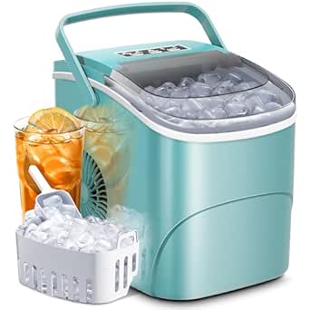 AGLUCKY Ice Makers Countertop with Handle,26.5Lbs/24H,9 Cubes in 6 Mins,2 Sizes of Bullet Ice,Portable Ice Maker Machine with Self-Cleaning,Perfect for Home Kitchen(Green)