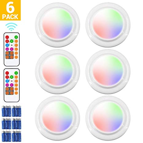 Wireless LED Closet Light with 2 Remote Controls, Multi Color Accent Light, Touch Sensor Kitchen Under Cabinet Lighting, Puck Light for Bedroom, Lockers, Stair, 6 Pack, 18 PCS Batteries Included