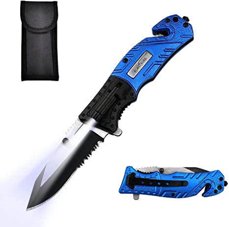 ALBATROSS 5-in-1 Dispatcher Tactical Knife with Glass Breaker, Seatbelt Cutter,Steel Serrated Blade,Flashlight and Carrying Bag, Good for Military Emergency Outdoor Rescue