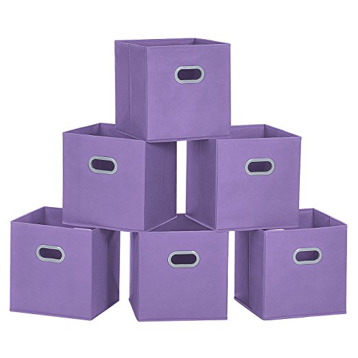 Cloth Storage Bins, MaidMAX Set of 6 Nonwoven Foldable Collapsible Organizers Basket Cubes with Dual Plastic Handles for Gift, Purple